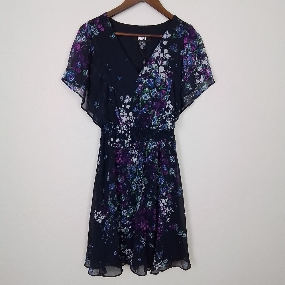 DKNY Dress Blue Sz 6 Chiffon Blouson Mini Sleeveless‎ Flutter Summer Party